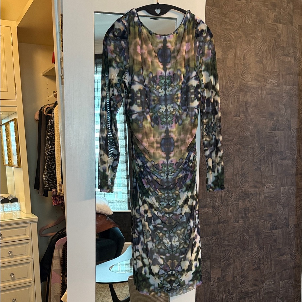 Kay Unger Long Sleeve Sheath Dress in Olive, Purple and Black Print